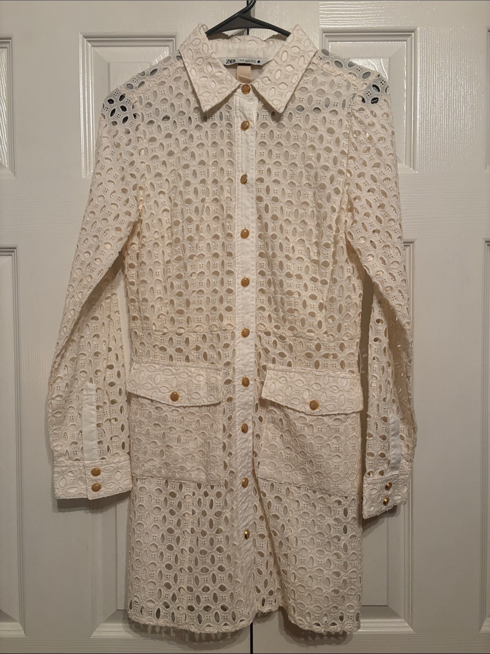 Zara Cream Eyelet Lace Long-Sleeve Shirt Dress with Gold Buttons